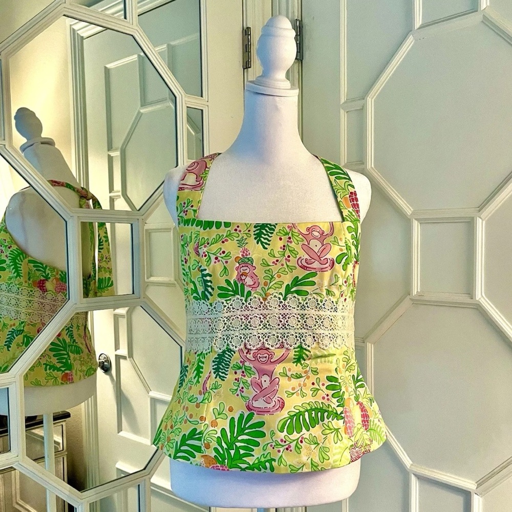 Lilly Pulitzer Aliya Top Women’s Size 6 Green Floral Halter Neck Tie Open Back